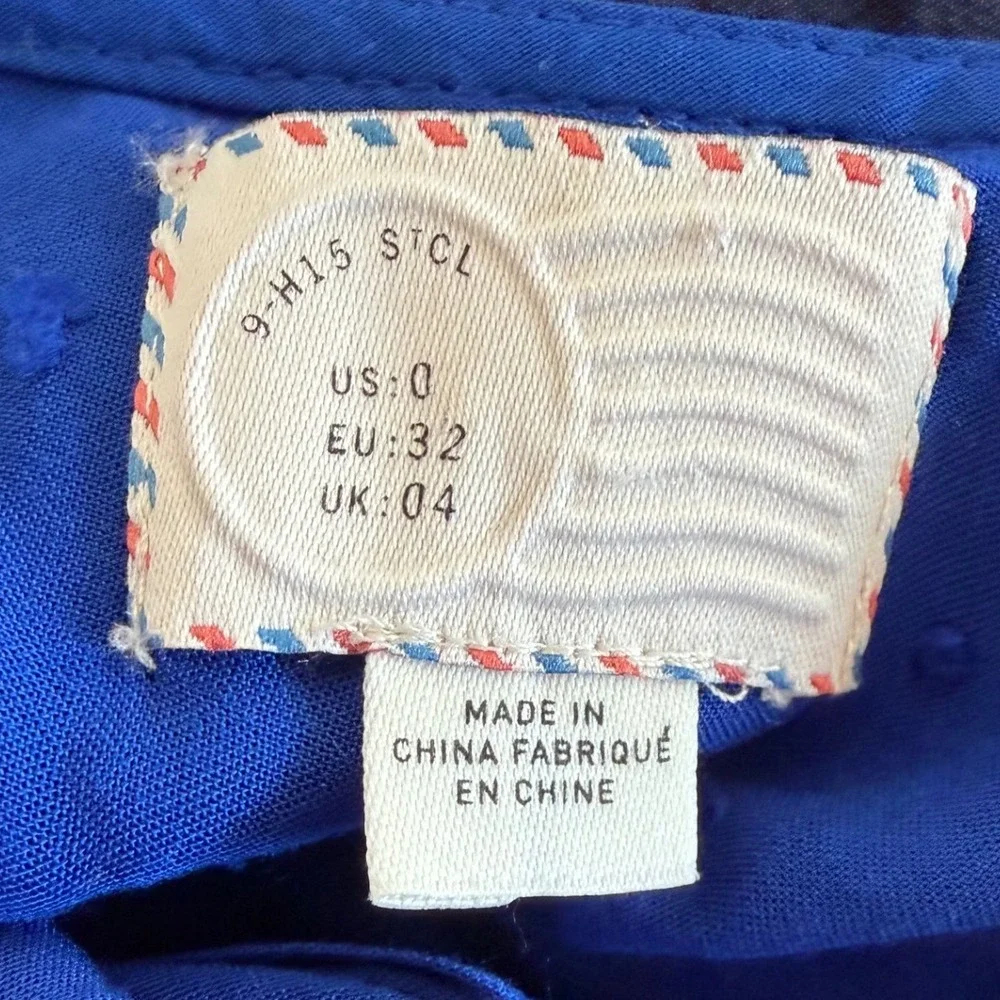 Anthropologie Postmark Royal Blue Peter Pan Collar Silk Trim Blouse Size‎ 0
